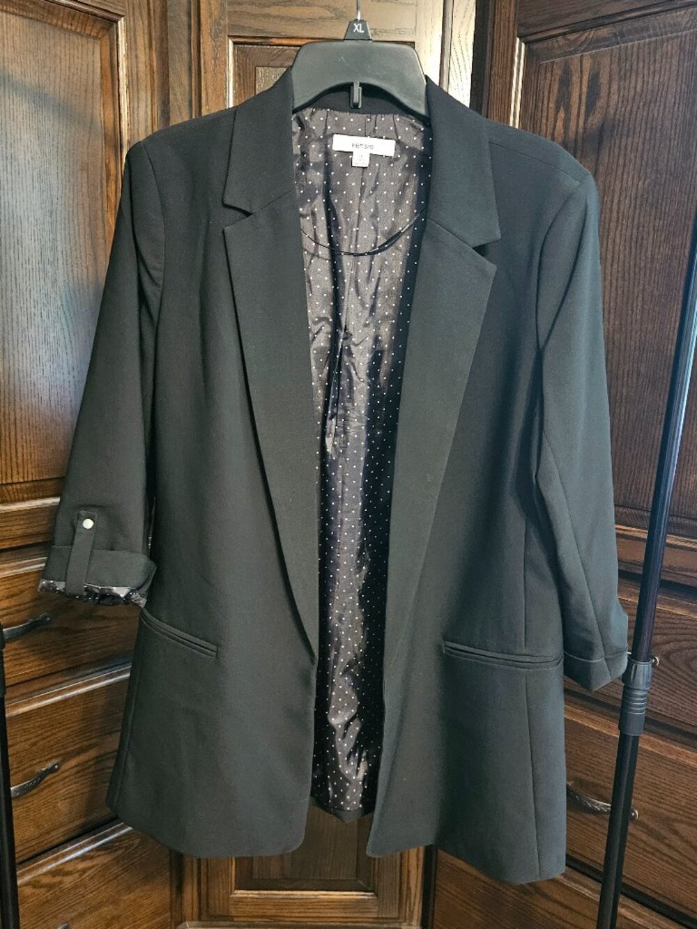 Kensie Black Boyfriend Blazer XL Polka Dot Lined Roll Tab Sleeves